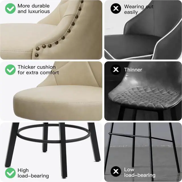Alt view image 6 of 7 - Swivel Bar Stools with Back Set of 2, 26 inch Faux Leather Upholstered Counter Height Bar Stools for Kitchen Island, Round Footrest, Solid Wood Legs