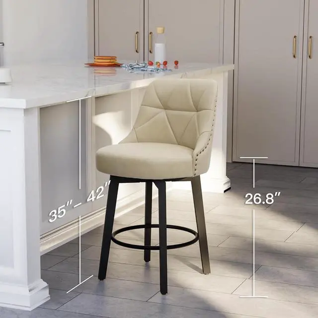 Alt view image 7 of 7 - Swivel Bar Stools with Back Set of 2, 26 inch Faux Leather Upholstered Counter Height Bar Stools for Kitchen Island, Round Footrest, Solid Wood Legs