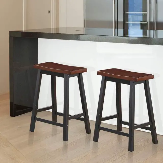 Alt view image 2 of 6 - COSTWAY Saddle Stools Set of 2, 24-inch Height Vintage Counter Height Chairs with Solid Wood Legs, Modern Backless Design Indoor Bar Stools for Kitchen, Dining, Pub and Bistro, Brown