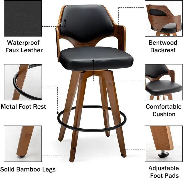 Alt view image 3 of 7 - Swivel Bar Stools Set of 2,Counter Height Bar Stools,Upholstered Bar Chair with Bamboo Legs,Low Back Counter Stools for Kitchen Island (Black-PU)