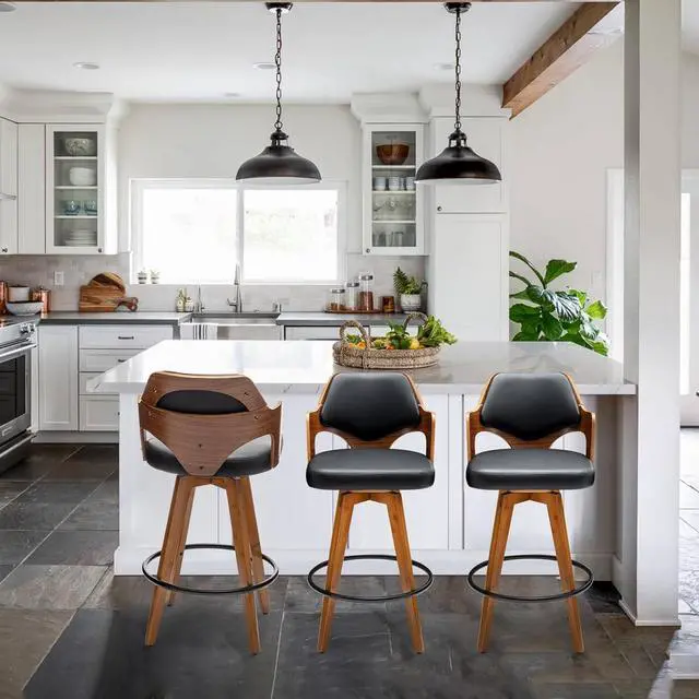 Alt view image 4 of 7 - Swivel Bar Stools Set of 2,Counter Height Bar Stools,Upholstered Bar Chair with Bamboo Legs,Low Back Counter Stools for Kitchen Island (Black-PU)