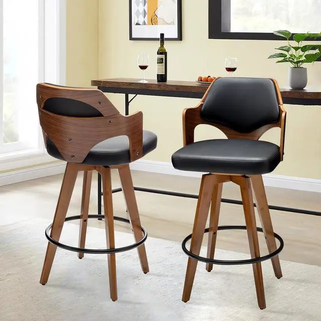 Alt view image 6 of 7 - Swivel Bar Stools Set of 2,Counter Height Bar Stools,Upholstered Bar Chair with Bamboo Legs,Low Back Counter Stools for Kitchen Island (Black-PU)