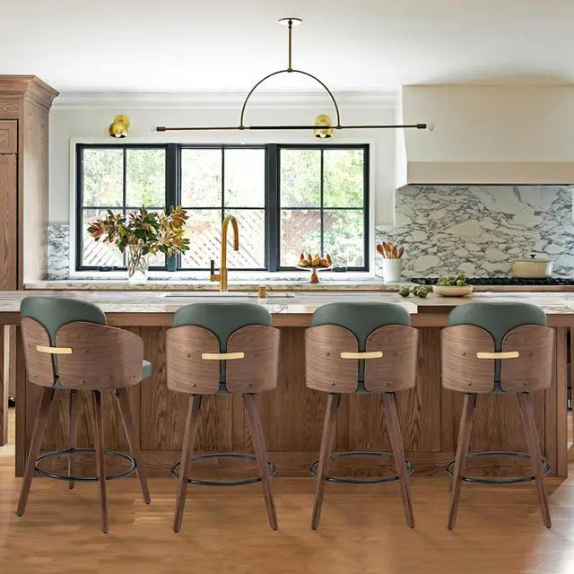 Alt view image 4 of 7 - Counter Height Bar Stools,26" Swivel Bar Stools with Back and Arms,Leather Barstools Set of 2,Upholstered Counter Stools for Kitchen Island,Green