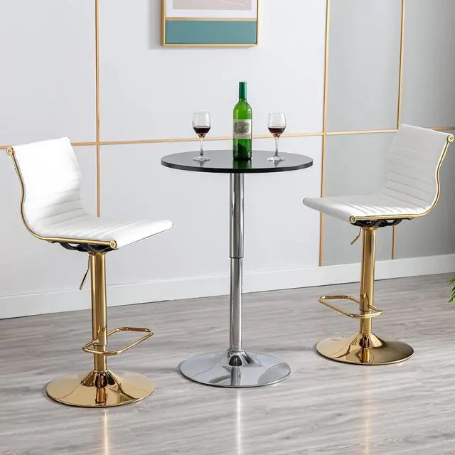 Alt view image 5 of 7 - chairus Modern Swivel Bar Stools Chairs Set of 3, Adjustable Counter Height Barstools Armless PU Leather Stools with Footrest and Back Handle for Living Room Kitchen Island, Gold Base, White - 3PCS