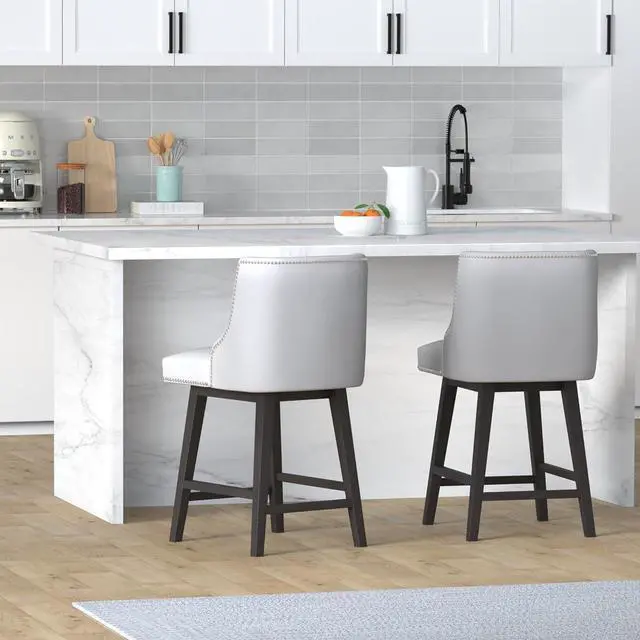 Alt view image 2 of 7 - CHITA Counter Height Swivel Barstools, FSC Certified 26" H Seat Height Upholstered Bar Stools Set of 2, Faux Leather in White