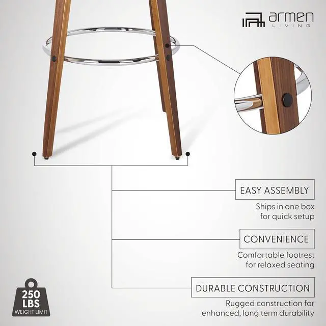 Alt view image 5 of 7 - Armen Living Sonia Mid Century Modern Swivel Bar Stool for Kitchen Island Counter in Gray Faux Leather and Walnut Wood, 26" Seat Height
