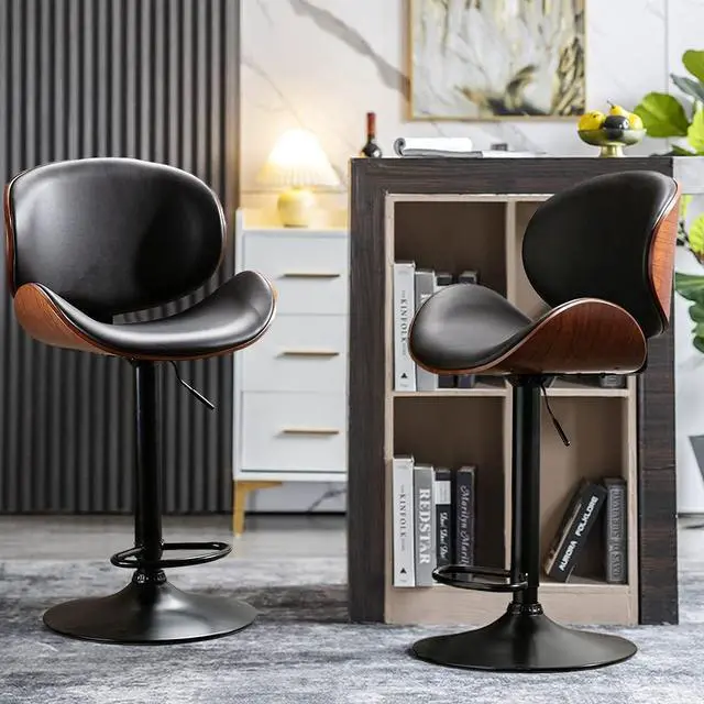 Alt view image 2 of 7 - ONME Bar Stools Set of 2, Adjustable Height Swivel Bar Stools, PU Leather Upholstered Bar Chair with Backless and Curved Footrest Dining Chair for Bar, Kitchen, Dining Room, Black