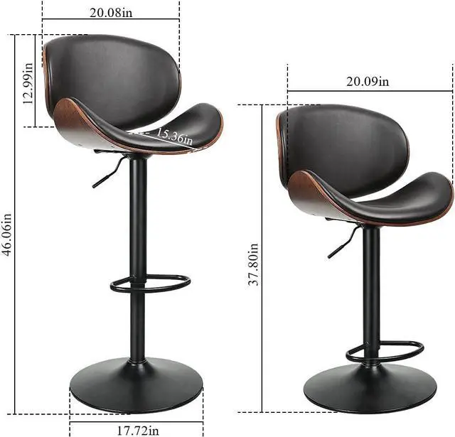 Alt view image 3 of 7 - ONME Bar Stools Set of 2, Adjustable Height Swivel Bar Stools, PU Leather Upholstered Bar Chair with Backless and Curved Footrest Dining Chair for Bar, Kitchen, Dining Room, Black