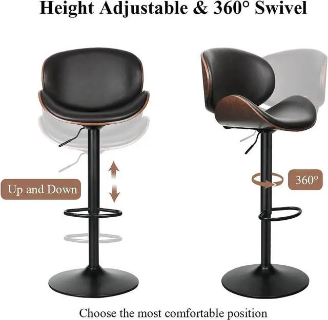 Alt view image 4 of 7 - ONME Bar Stools Set of 2, Adjustable Height Swivel Bar Stools, PU Leather Upholstered Bar Chair with Backless and Curved Footrest Dining Chair for Bar, Kitchen, Dining Room, Black
