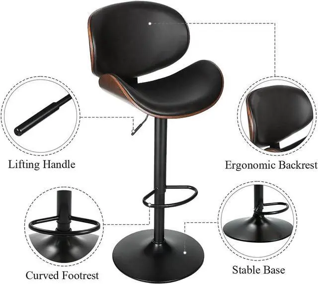 Alt view image 6 of 7 - ONME Bar Stools Set of 2, Adjustable Height Swivel Bar Stools, PU Leather Upholstered Bar Chair with Backless and Curved Footrest Dining Chair for Bar, Kitchen, Dining Room, Black