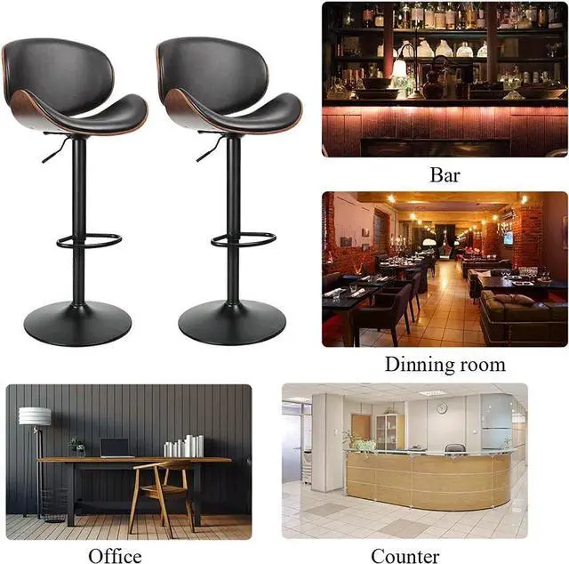 Alt view image 7 of 7 - ONME Bar Stools Set of 2, Adjustable Height Swivel Bar Stools, PU Leather Upholstered Bar Chair with Backless and Curved Footrest Dining Chair for Bar, Kitchen, Dining Room, Black