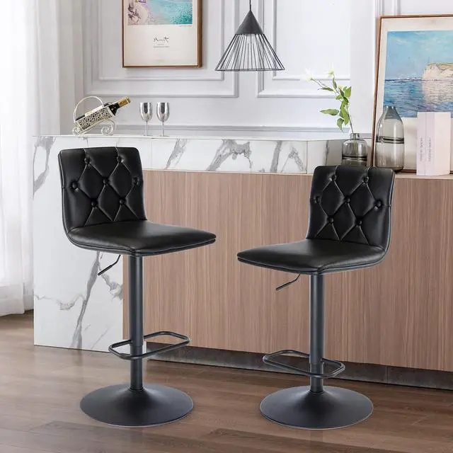 Alt view image 2 of 7 - Brage Living Tufted Adjustable Bar Stools, Modern PU Leather Swivel Airlift Barstools with Back, Armless Counter Height Bar Chairs for Kitchen Dining Pub Cafe Set of 2 (Black, Black Base)