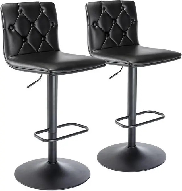 Main image of Brage Living Tufted Adjustable Bar Stools, Modern PU Leather Swivel Airlift Barstools with Back, Armless Counter Height Bar Chairs for Kitchen Dining Pub Cafe Set of 2 (Black, Black Base)