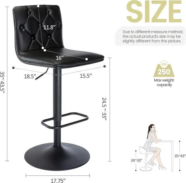 Alt view image 3 of 7 - Brage Living Tufted Adjustable Bar Stools, Modern PU Leather Swivel Airlift Barstools with Back, Armless Counter Height Bar Chairs for Kitchen Dining Pub Cafe Set of 2 (Black, Black Base)