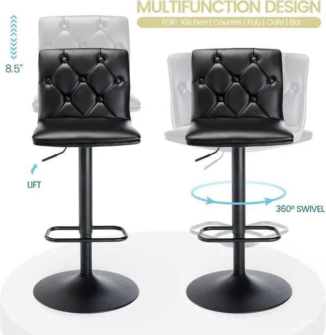 Alt view image 5 of 7 - Brage Living Tufted Adjustable Bar Stools, Modern PU Leather Swivel Airlift Barstools with Back, Armless Counter Height Bar Chairs for Kitchen Dining Pub Cafe Set of 2 (Black, Black Base)