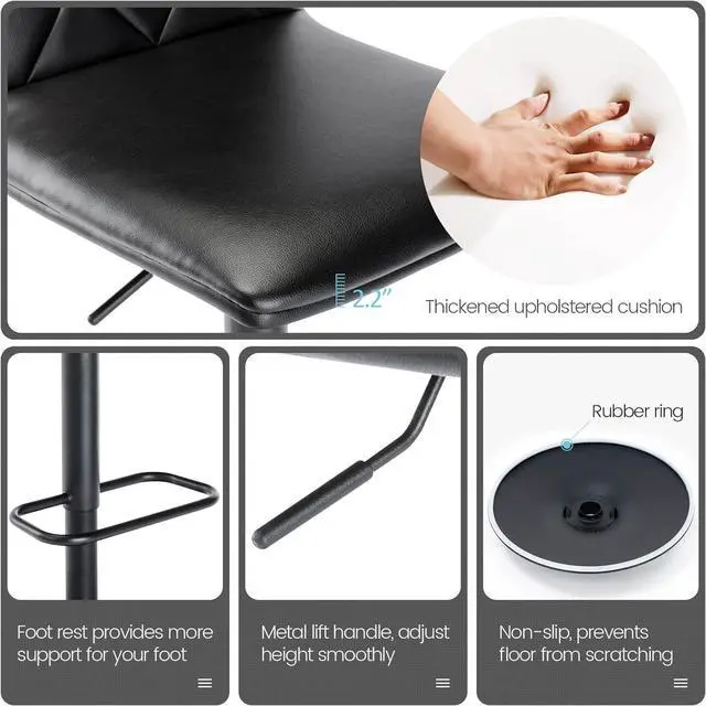 Alt view image 6 of 7 - Brage Living Tufted Adjustable Bar Stools, Modern PU Leather Swivel Airlift Barstools with Back, Armless Counter Height Bar Chairs for Kitchen Dining Pub Cafe Set of 2 (Black, Black Base)