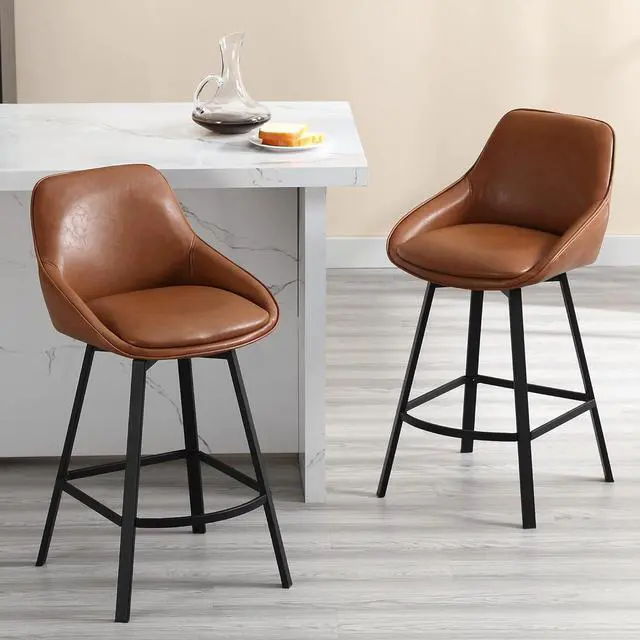 Alt view image 2 of 5 - Flouki Swivel Counter Stools, 25 Inches Stools for Kitchen Counter, Modern Swivel Bar Stools for Kitchen Island, Counter Height Chairs, Metal Base, Set of 3, Faux Leather Upholstered, Brown
