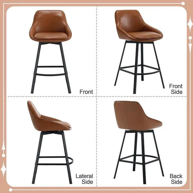 Alt view image 3 of 5 - Flouki Swivel Counter Stools, 25 Inches Stools for Kitchen Counter, Modern Swivel Bar Stools for Kitchen Island, Counter Height Chairs, Metal Base, Set of 3, Faux Leather Upholstered, Brown