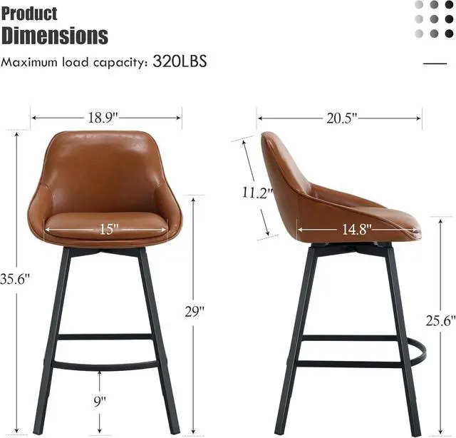 Alt view image 5 of 5 - Flouki Swivel Counter Stools, 25 Inches Stools for Kitchen Counter, Modern Swivel Bar Stools for Kitchen Island, Counter Height Chairs, Metal Base, Set of 3, Faux Leather Upholstered, Brown