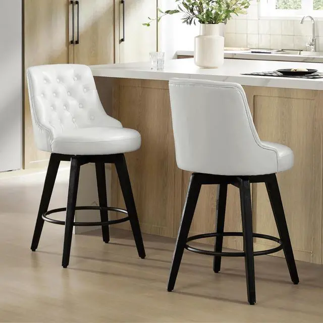 Alt view image 2 of 7 - Watson & Whitely Modern Swivel Bar Stools, Faux Leather Upholstered Counter Height Bar Stool with Back, Solid Wood Legs, 26" H Seat, Set of 2, White