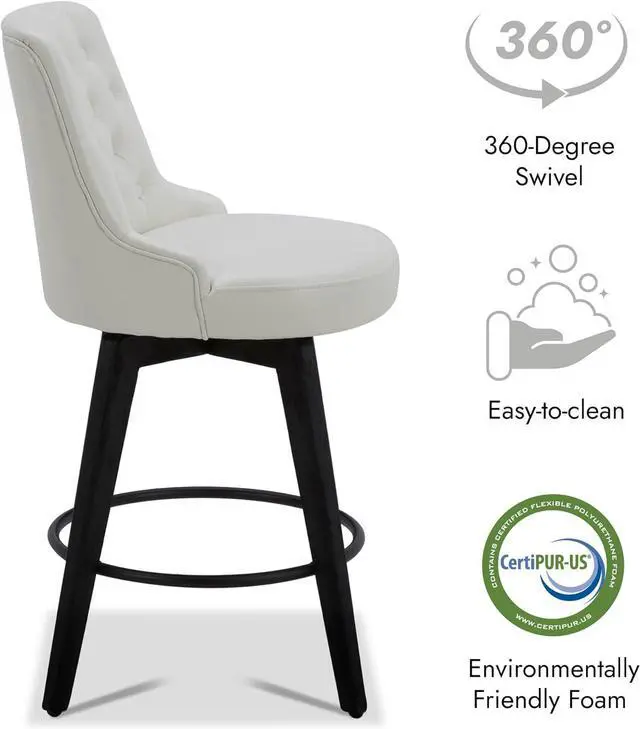 Alt view image 5 of 7 - Watson & Whitely Modern Swivel Bar Stools, Faux Leather Upholstered Counter Height Bar Stool with Back, Solid Wood Legs, 26" H Seat, Set of 2, White