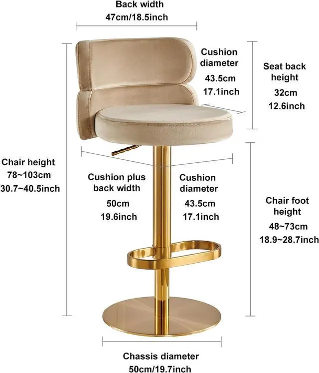 Alt view image 2 of 7 - Modern Khaki Single Velvet Upholstered Counter Stool with Gold Metal Leg and Foot Rest Premium Flannel Comfortable Adjustable Height Bar Stool Cushioned Velvet bar Chair Upholstery (1PCS)