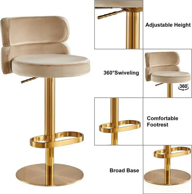 Alt view image 3 of 7 - Modern Khaki Single Velvet Upholstered Counter Stool with Gold Metal Leg and Foot Rest Premium Flannel Comfortable Adjustable Height Bar Stool Cushioned Velvet bar Chair Upholstery (1PCS)