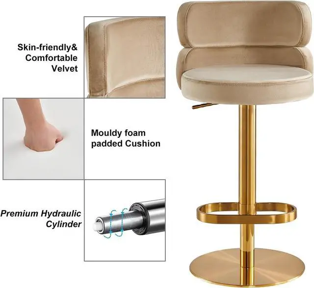 Alt view image 4 of 7 - Modern Khaki Single Velvet Upholstered Counter Stool with Gold Metal Leg and Foot Rest Premium Flannel Comfortable Adjustable Height Bar Stool Cushioned Velvet bar Chair Upholstery (1PCS)