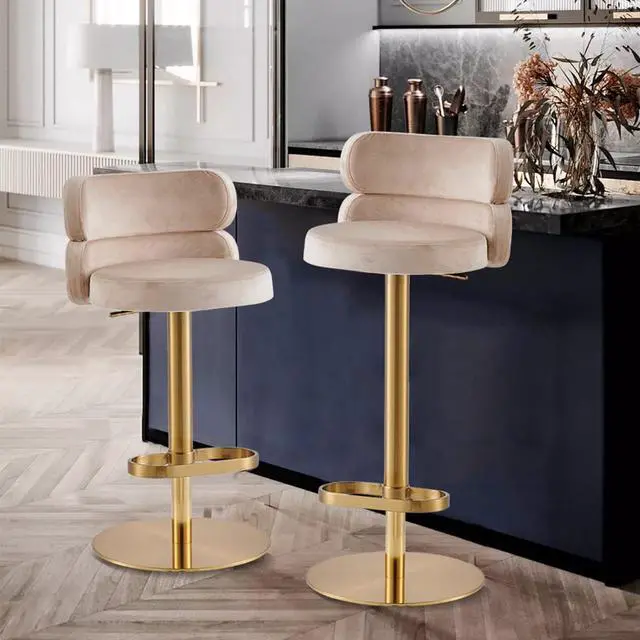 Alt view image 5 of 7 - Modern Khaki Single Velvet Upholstered Counter Stool with Gold Metal Leg and Foot Rest Premium Flannel Comfortable Adjustable Height Bar Stool Cushioned Velvet bar Chair Upholstery (1PCS)