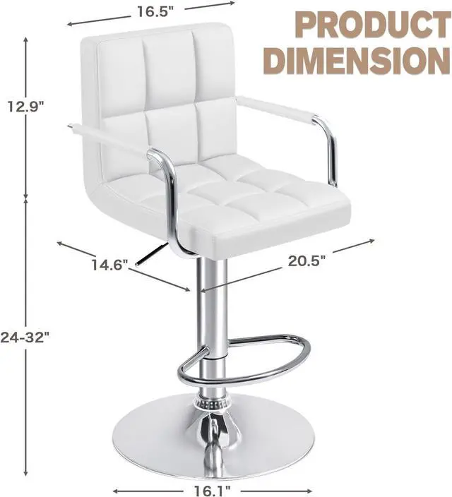 Alt view image 3 of 7 - Furmax Bar Stools with Armrest Modern PU Leather Swivel Adjustable Hydraulic Bar Stool X-Large Base and Seat Square Counter Height Stool Set of 2 (White)