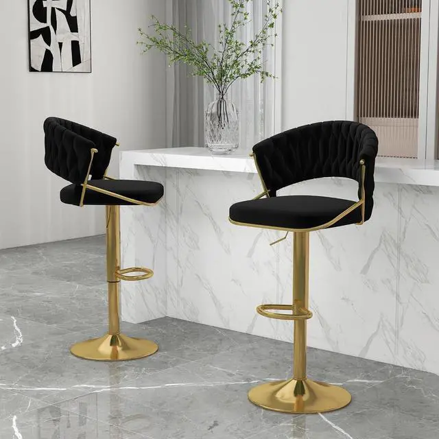 Main image of UIXE High Back 360° Swivel Bar Stools Set of 2, Modern Adjustable Counter Height Velvet Bar Chair Golden Metal Stool,Kitchen Island Dining Chairs with Woven Backrest & Footrest for Cafe Pub (Black)
