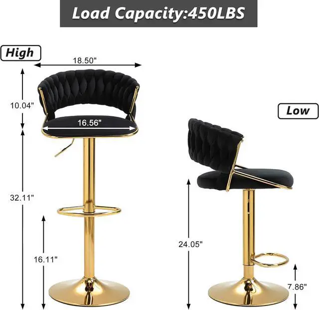 Alt view image 2 of 7 - UIXE High Back 360° Swivel Bar Stools Set of 2, Modern Adjustable Counter Height Velvet Bar Chair Golden Metal Stool,Kitchen Island Dining Chairs with Woven Backrest & Footrest for Cafe Pub (Black)