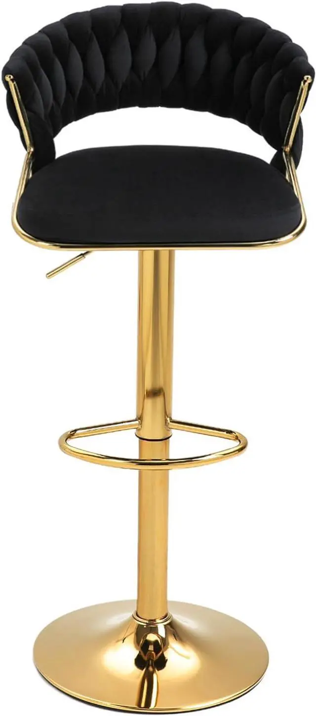 Alt view image 3 of 7 - UIXE High Back 360° Swivel Bar Stools Set of 2, Modern Adjustable Counter Height Velvet Bar Chair Golden Metal Stool,Kitchen Island Dining Chairs with Woven Backrest & Footrest for Cafe Pub (Black)