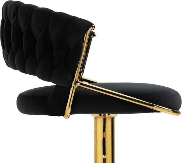 Alt view image 4 of 7 - UIXE High Back 360° Swivel Bar Stools Set of 2, Modern Adjustable Counter Height Velvet Bar Chair Golden Metal Stool,Kitchen Island Dining Chairs with Woven Backrest & Footrest for Cafe Pub (Black)