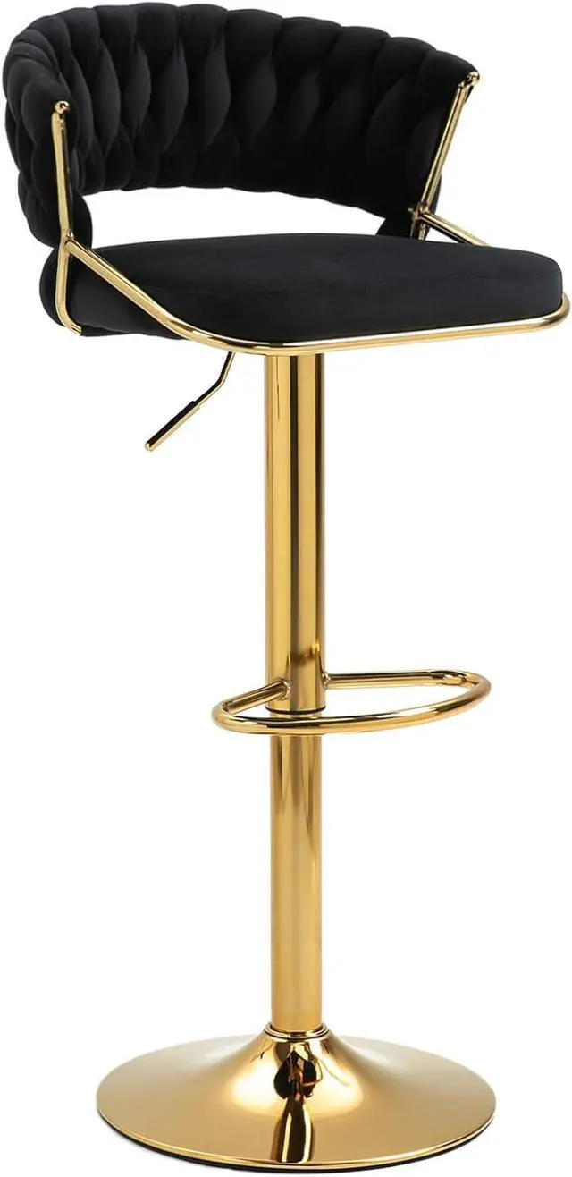 Alt view image 5 of 7 - UIXE High Back 360° Swivel Bar Stools Set of 2, Modern Adjustable Counter Height Velvet Bar Chair Golden Metal Stool,Kitchen Island Dining Chairs with Woven Backrest & Footrest for Cafe Pub (Black)