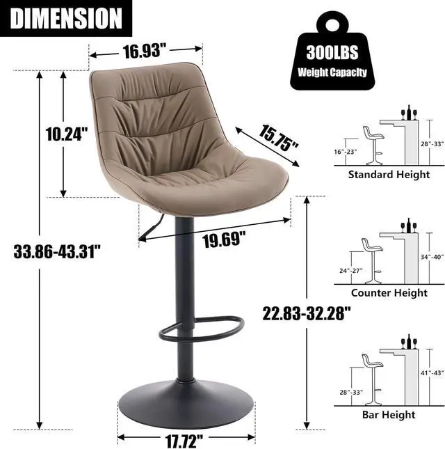 Alt view image 2 of 7 - Kidol & Shellder Bar Stools Set of 2 Adjustable Swivel Khaki, PU Leather Upholstered with Back, Modern Counter Height Stools for Kitchen Island, Home Bar