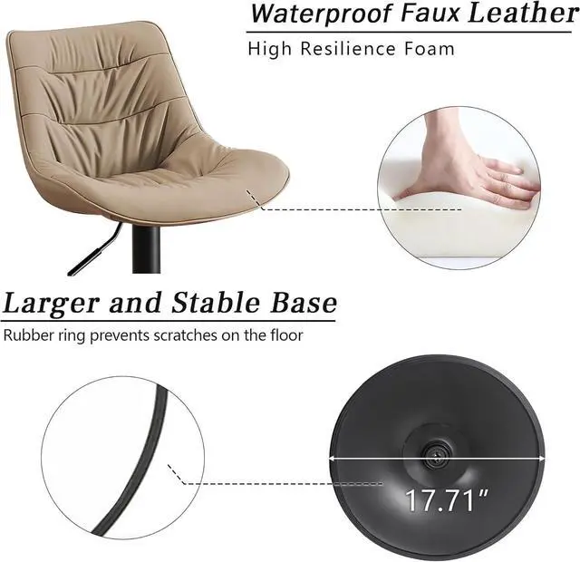 Alt view image 7 of 7 - Kidol & Shellder Bar Stools Set of 2 Adjustable Swivel Khaki, PU Leather Upholstered with Back, Modern Counter Height Stools for Kitchen Island, Home Bar