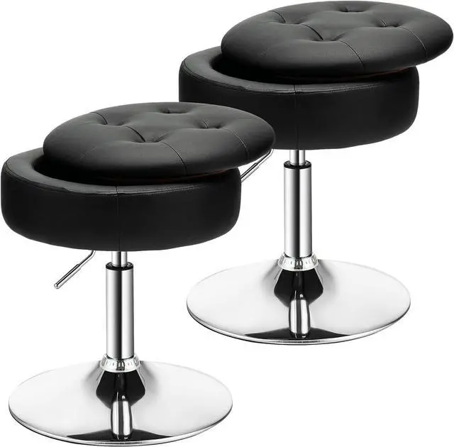 Main image of COSTWAY Black Upholstered Swivel Bar Stool Set of 2, Tufted PU Leather, Adjustable 20-26" Height, Removable Tray Top and Storage Space, Modern Round Ottoman for Kitchen Island