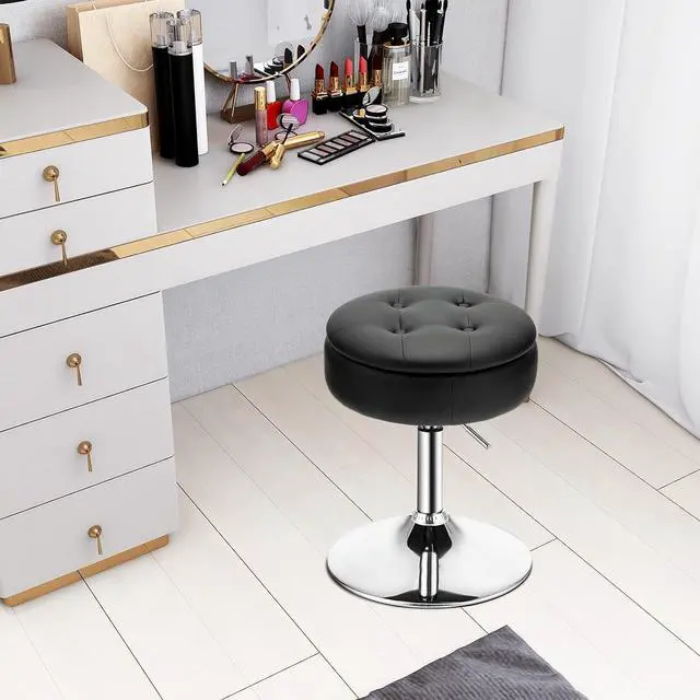 Alt view image 2 of 7 - COSTWAY Black Upholstered Swivel Bar Stool Set of 2, Tufted PU Leather, Adjustable 20-26" Height, Removable Tray Top and Storage Space, Modern Round Ottoman for Kitchen Island