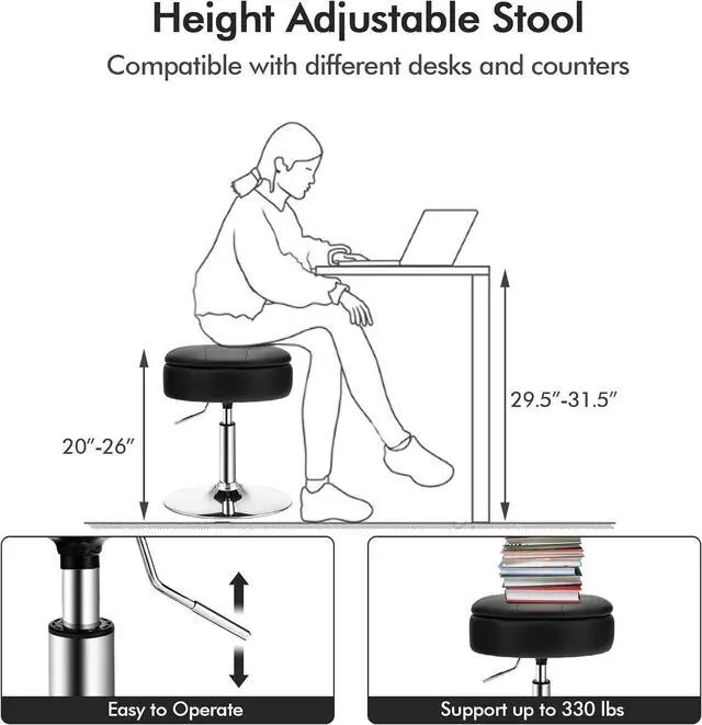 Alt view image 3 of 7 - COSTWAY Black Upholstered Swivel Bar Stool Set of 2, Tufted PU Leather, Adjustable 20-26" Height, Removable Tray Top and Storage Space, Modern Round Ottoman for Kitchen Island