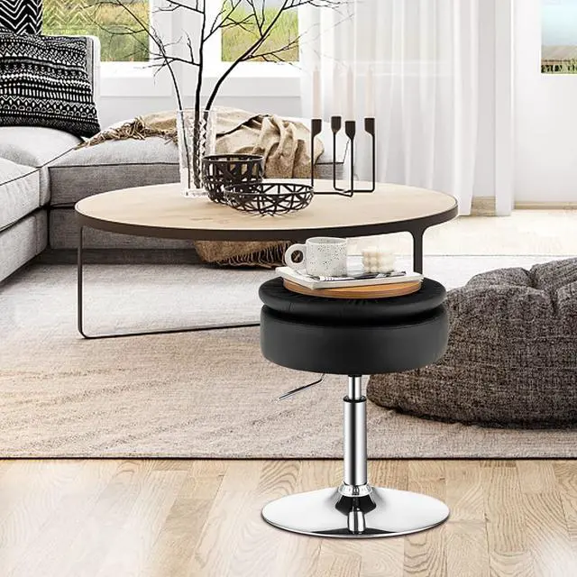 Alt view image 5 of 7 - COSTWAY Black Upholstered Swivel Bar Stool Set of 2, Tufted PU Leather, Adjustable 20-26" Height, Removable Tray Top and Storage Space, Modern Round Ottoman for Kitchen Island