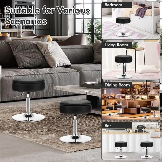 Alt view image 4 of 7 - COSTWAY Black Upholstered Swivel Bar Stool Set of 2, Tufted PU Leather, Adjustable 20-26" Height, Removable Tray Top and Storage Space, Modern Round Ottoman for Kitchen Island