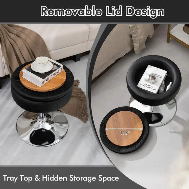 Alt view image 6 of 7 - COSTWAY Black Upholstered Swivel Bar Stool Set of 2, Tufted PU Leather, Adjustable 20-26" Height, Removable Tray Top and Storage Space, Modern Round Ottoman for Kitchen Island