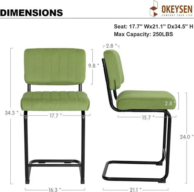 Alt view image 2 of 7 - Okeysen Bar Stools Set of 2,Counter Height BarStools Bar Chairs,24 inch Tall Bar Stool with Back,Barstools Bar Height Set of 2,Kitchen Counter Stools Modern Velvet Barstool for Island Dining Party