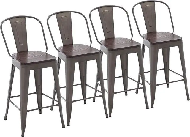 Main image of Yongchuang 26" Metal Bar Stools Set of 4 High Back Counter Height Chairs Kitchen Dining Stools Bar Chair with Wood Top Gunmetal