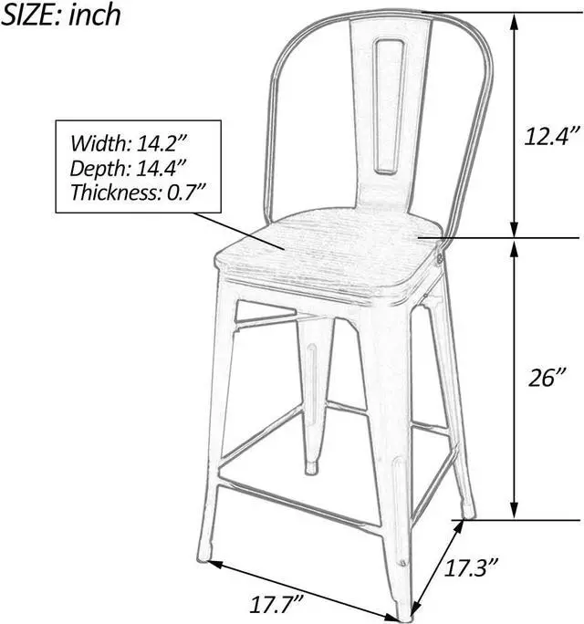 Alt view image 3 of 6 - Yongchuang 26" Metal Bar Stools Set of 4 High Back Counter Height Chairs Kitchen Dining Stools Bar Chair with Wood Top Gunmetal