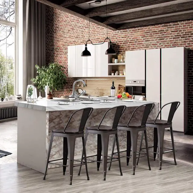 Alt view image 4 of 6 - Yongchuang 26" Metal Bar Stools Set of 4 High Back Counter Height Chairs Kitchen Dining Stools Bar Chair with Wood Top Gunmetal