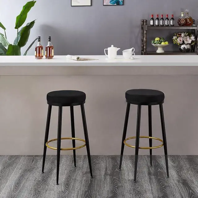 Alt view image 3 of 7 - Ball & Cast Modern Round Bar Stools 30 inch Upholestered Metal Frame Stool, Backless Round Stools Set of 2, Pub Height, Black Velvet