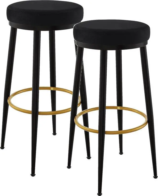 Alt view image 4 of 7 - Ball & Cast Modern Round Bar Stools 30 inch Upholestered Metal Frame Stool, Backless Round Stools Set of 2, Pub Height, Black Velvet