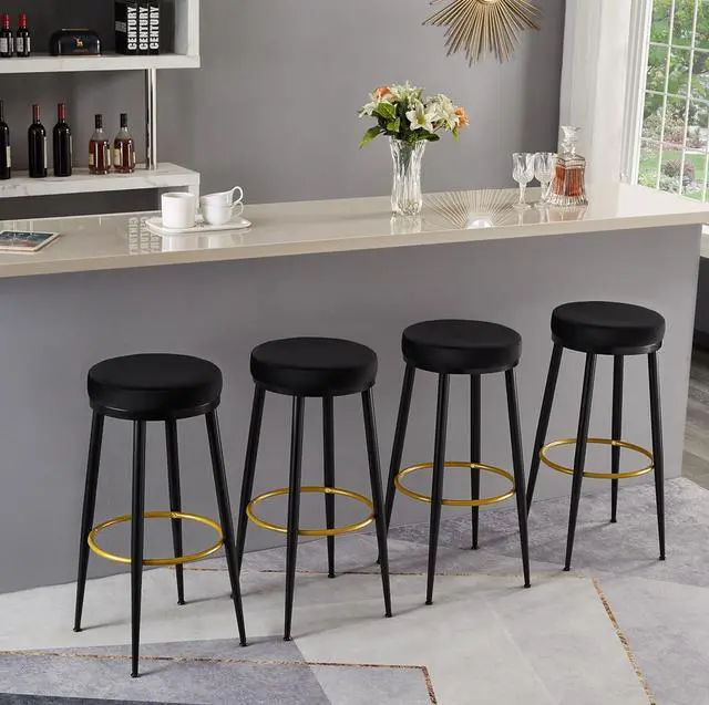 Alt view image 7 of 7 - Ball & Cast Modern Round Bar Stools 30 inch Upholestered Metal Frame Stool, Backless Round Stools Set of 2, Pub Height, Black Velvet